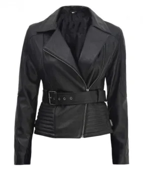 Womens Black Belted Asymmetrical Moto Jacket